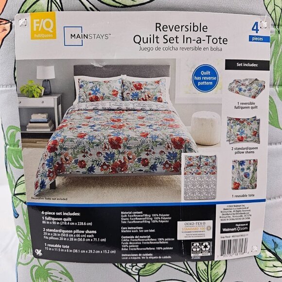 Mainstays Reversible Quilt Set In-a-Tote Full/Queen Grey Floral Bedding 4 PC Set - Picture 6 of 16